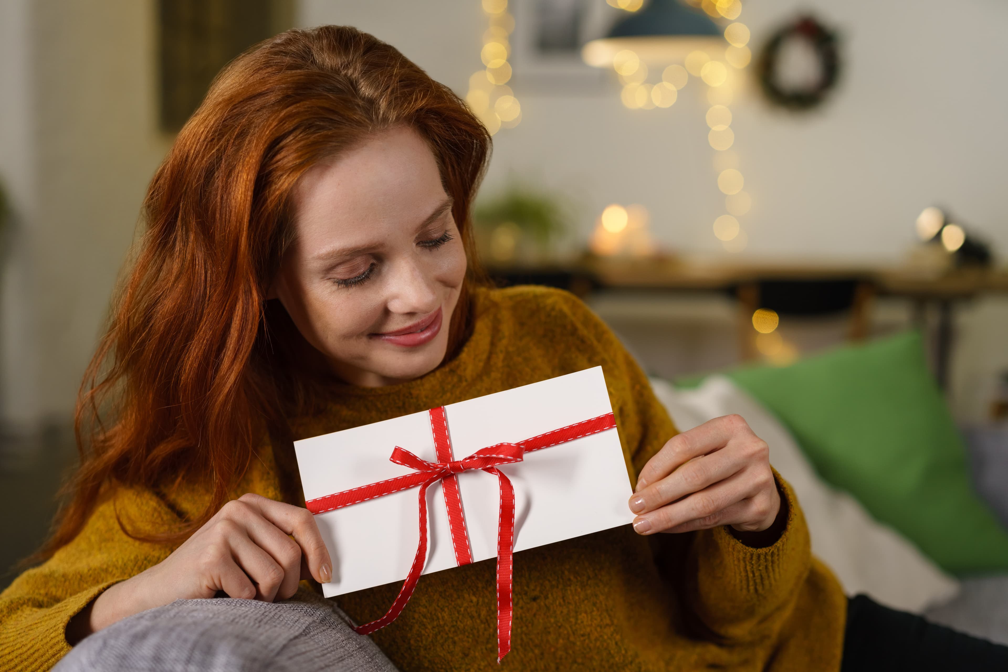 A woman with red hair holds an envelope with a red ribbon possibly a hotel gift certificate